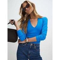 River Island Long Sleeve Plunge Polyamide Bodysuit - Blue