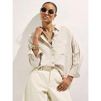 River Island Long Sleeve Linen Blend Shirt - Beige