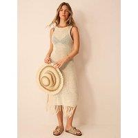 Accessorize Sleeveless Fringe Crochet Knit Dress - Cream