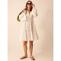 Accessorize Flute Sleeve Tassel Tiered Mini Dress - Cream