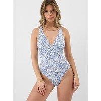 Accessorize Floral Print Cross Back Plunge Swimsuit - Blue