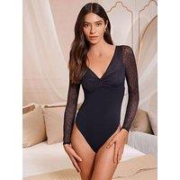 Lipsy Ab Lace Wrap Long Sleeve Bodysuit - Black