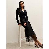 New Look Satin Lace Hem Bias Cut Midi Skirt - Black