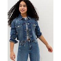 New Look 915 Girls Distressed Cropped Denim Jacket - Blue