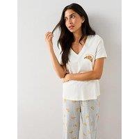 The Very Collection Croissant Print V Neck Tshirt And Wide Leg Pyjama Set