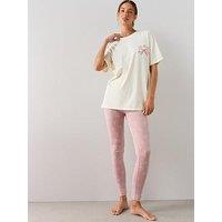 The Very Collection Bow Print Longline T-Shirt And Legging Pyjama Set - White