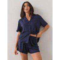 The Very Collection Lace Trim Jersey Revere Short Pyjama Set - Navy