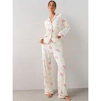 The Very Collection Bow Print Long Sleeve Jersey Revere Pyjama Set - Cream