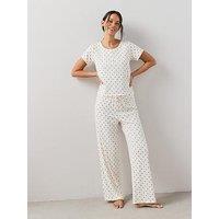 The Very Collection Soft Touch Polka Dot Top And Wide Leg Pyjama Set - Cream