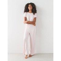 The Very Collection Lace Trim Short Sleeve Top And Wide Leg Pyjama Set - Pink