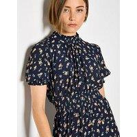 Apricot Ditsy Print Ruffle Neck Dress - Blue