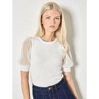 Apricot Plisse Short Sleeve Ribbed Knit Top - White