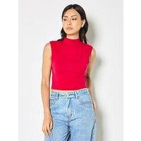 Apricot High Neck Knitted Crop Top - Red