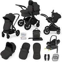 Ickle Bubba Stomp Luxe 12 Piece Travel System With Maxi Cosi Cabriofix I-Size Car Seat & Isofix Base - Black / Charcoal Grey / Black