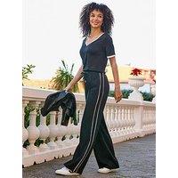 Sosandar Side Stripe Drawstring Wide Leg Trousers - Black/White
