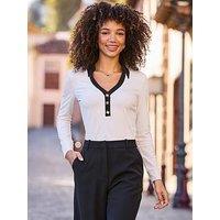 Sosandar White & Contrast Trim Button Detail Top - Black