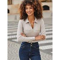 Sosandar Zip Front Top With Gold Buttons - Taupe