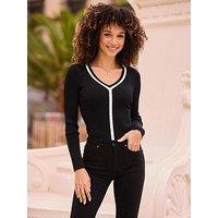 Sosandar Contrast Trim Cable Detail V-Neck Jumper - Black/White