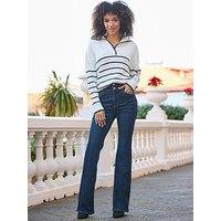 Sosandar Stripe Gold Button Detail Collared Jumper - Ivory/Navy Blue