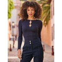 Sosandar Cut Out Gold Button Detail Ribbed Top - Navy Blue