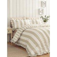 Catherine Lansfield Seersucker Frill Stripe Duvet Set Natural