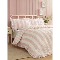 Catherine Lansfield Seersucker Frill Stripe Duvet Set Pink