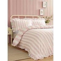 Catherine Lansfield Seersucker Frill Stripe Duvet Set Pink