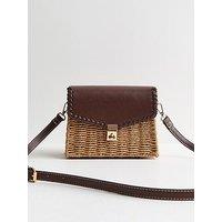 New Look Stone Woven Wicker Front Flap Crossbody Bag - Stone/Brown