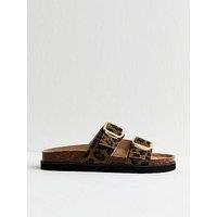 New Look Brown Animal Print Cork Sole Double Strap Mule Sandals - Brown