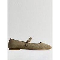 New Look Dark Khaki Faux Suede Mary Jane Ballet Flats - Green