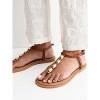 New Look Wide Fit Tan Faux Leather Metal Toe Post Sandals - Brown