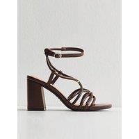 New Look Faux Leather Strappy Hardware Block Heel Sandals - Dark Brown