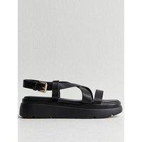 New Look Faux Leather Crossover Strap Flatform Sandals - Black