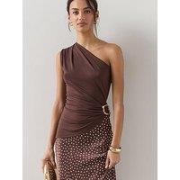 The Very Collection One Shoulder Trim Detail Asymmetric Top - Brown