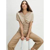 River Island Short Sleeve Ruched Front T-Shirt - Beige