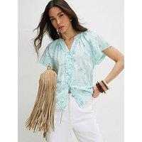 River Island Short Sleeve Ditsy Frill V Neck Top - Blue