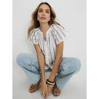 River Island Short Sleeve Stripe Frill V Neck Top - Cream