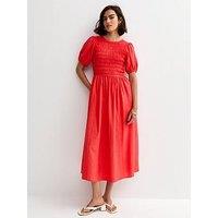New Look Red Shirred Body Short Sleeve Midi Dress