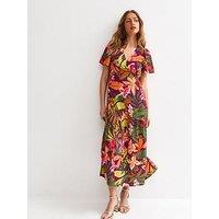 New Look Crinkle Texture Leaf Print Tiered Midi Tea Dress - Purple