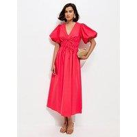 New Look Dark Coral Cotton Puff Sleeve Midi Dress - Orange