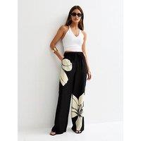 New Look Lily Large Floral Wide Leg Trousers - Black