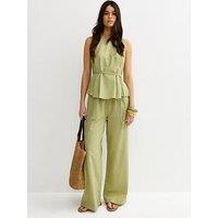New Look Striped Seersucker Wide Leg Trousers - Green