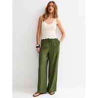 New Look Khaki Crinkle Wide Leg Trousers - Green