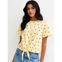 New Look Polka Dot Tie Front Top - Yellow
