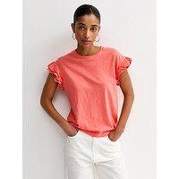 New Look Cotton Slub Frill Sleeve T-Shirt - Dark Coral