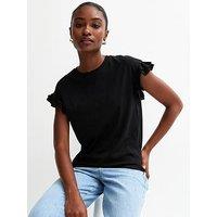 New Look Cotton Slub Frill Sleeve T-Shirt - Black