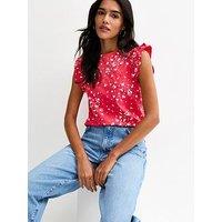 New Look Ditsy Frill Sleeve Top - Red