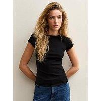 New Look Ribbed Jersey Frilly Trim Short Sleeve Top - Black