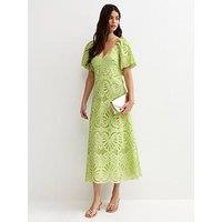 New Look Light Green Broderie Anglaise Puff Sleeve Midi Dress