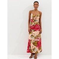 New Look Coral Satin Large Florals Cowl Neck Maxi Dress